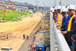 Deputy Chief of Staff to the Governor, Mr. Gboyega Sanyowwo; Governor of Lagos State, Mr. Babajide Sanwo-Olu and his Deputy, Dr. Obafemi Hamzat during an inspection of the ongoing construction of the Opebi-Ojota link bridge and adjourning roads, on Tuesday, 05 December 2023.