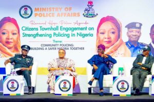 l-r: Assistant Inspector General of Police Zone 2, Lagos, AIG Ali Muhammed; Minister of State, Police Affairs, Hon. Imaan Sulaiman-Ibrahim; Governor of Lagos State, Mr. Babajide Sanwo-Olu and Chairman, Police Community Relations Committee (PCRC) Lagos, Apostle Kehinde Sowemimo during the Ministry of Police Affairs Citizens Town Hall Engagement on Strengthening Policing in Nigeria, at the Lagos Continental Hotel, Victoria Island, on Monday, 11 December 2023