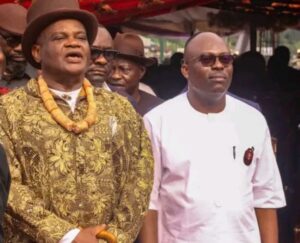 Governor Siminalayi Fubara with Chief Adokiye Amiesimaka at the funeral of late Amanyanabo of Koniju Town, His Majesty, King Nelson Atubo Oputibeya XI on Saturday.