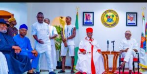 Governor of Lagos State, Mr. Babajide Sanwo-Olu; Oba of Benin, HRM Omo N’ Oba N’ Edo, Uku Akpolokpolo, Ewuare II; Chairman of EnterpriseNGR, Mr. Aigboje Aig-Imoukhuede and Chairman of THISDAY Media Group and ARISE News Channel, Chief Nduka Obaigbena during the Oba’s courtesy visit at the Lagos House, Marina, on Sunday, 26 November 2023