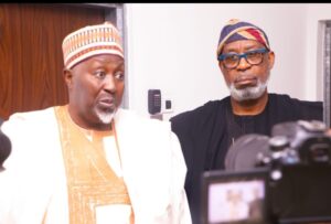 The Minister of Solid Minerals Development, Dr. Dele Alake (right) and the Minister of Defence, Abubakar Badaru, after a closed door meeting to finetune plans to secure mining areas on Dec. 14, 2023