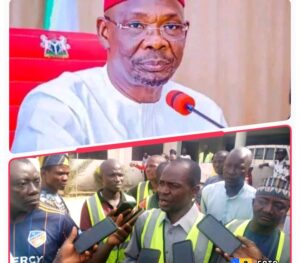 Gov. Abdullahi Sule of Nasarawa State, top, and Yusuf Adeka speakibg to the media after the sanitation exercise in Lafia