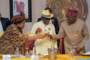 Governor Siminalayi Fubara in a toast with the former Governor Peter Odili and Wife, Justice Mary Odili,a retired Judge of at the Supreme Court at State Banquet in Government House, Monday