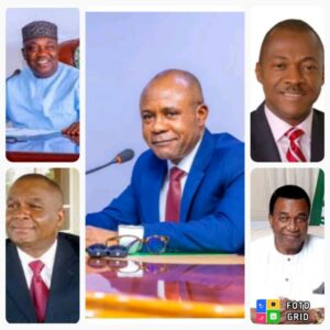 Governor Peter Mbah, centre. Ifeanyi Ugwuanyi, top left; Sullivan Chime, top right; Jim Nwobodo, bottom right and Chimaroke Nnamani