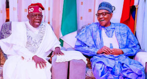 Prsident Bola Tinubu, left, and his predecessor, Muhammadu Buhari