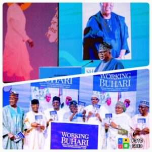 Shola Osunkeye, the reviewer, top. Below, from right, General Yakubu Gowon, Aisha Buhari, Former President Buhari, President Bola Tinubu, former VP Osinbajo during the book presentation
