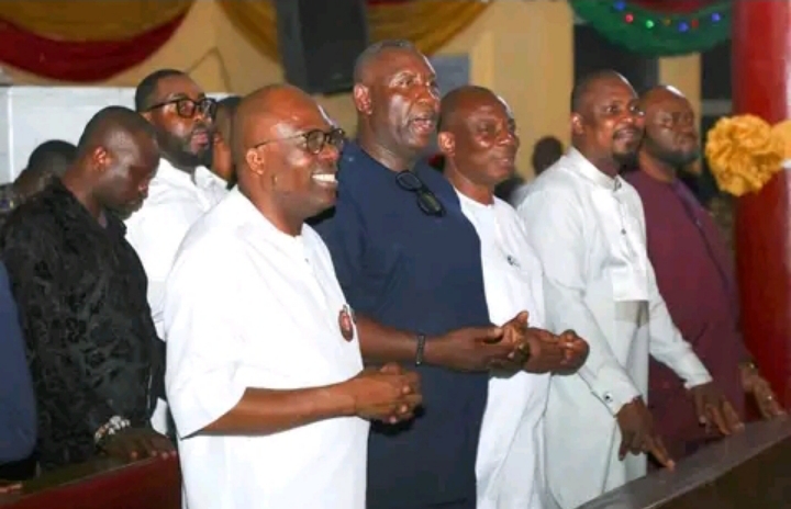 Governor Siminalayi Fubara at the Crossover service at St.Paul Anglican Archdeaconery Parish,Opobo, Opobo Nkoro local government area of Rivers State