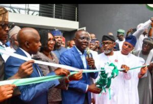 L-R: Senator Musiliu Obanikoro; Minister of State for Education, Dr. Yusuf Tanko Sununu; Vice Chancellor, Lagos State University (LASU), Prof. Ibiyemi Olatunji-Bello; Governor of Lagos State, Mr. Babajide Sanwo-Olu; Chief of Staff to the President, Rt. Hon. Femi Gbajabiamila; Lagos Central Senator, Sen. Wasiu Sanni Eshinlokun and Chairman, Governing Board, Small & Medium Enterprises Development Agency of Nigeria (SMEDAN), Otunba Femi Pedro during the commissioning of Femi Gbajabiamila Conference Centre, LASU, Ojo, on Tuesday, January 02, 2024