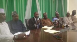 Leaders of Masallacin Eid Shop Owners and Traders Association briefing journalists at Kano Press Centre on Thursday