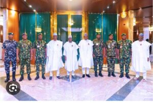 President Tinubu and security chiefs and heads of intelligence agencies at a Presidential Security Briefing
