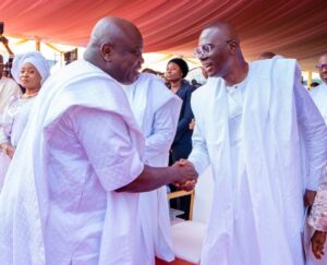 Governor of Lagos State, Mr. Babajide Sanwo-Olu (right) welcoming his predecessor, Mr. Akinwunmi Ambode during the State's New Year Thanksgiving Service at the Tafawa Balewa Square (TBS), Onikan, on Sunday, 07 January, 2024.