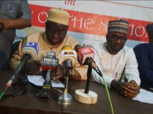 Ambassador Waiya flanked by leaders of the Conference of Northern States Civil Society Networks during the Press Conference at Tahir Guest Palace, Kano