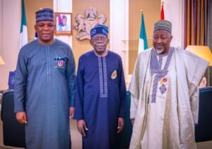 President Tinubu, centre, with the Minister of Steel Development, Prince Shuaibu Abubakar Audu, and the Minister of Defence, Alhaji Mohammed Badaru