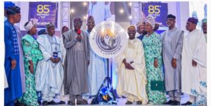 Minister of Marine and Blue Economy, Mr. Gboyega Oyetola (left); Governor of Lagos State, Mr. Babajide Sanwo-Olu (fourth left); the celebrant and former interim National Chairman of APC, Chief Bisi Akande (fourth right); Ogun State Governor, Prince Dapo Abiodun (second right); former Governor of Ogun State, Aremo Olusegun Osoba (right) and others during Chief Akande’s 85th birthday celebration at the International Conference Centre in Ibadan, Oyo State, on Tuesday, 16 January 2024.