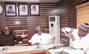 L-R: Minister of Solid Minerals Development, Dr. Dele Alake, Chairman, Revenue Mobilisation Allocation and Fiscal Commission (RMAFC), Mohammed Bello Shehu, OFR and Federal Commissioner, Revenue Mobilisation Allocation and Fiscal Commission (RMAFC), Zamfara state, Alh. Abubarkar Sadiq Gusau during a courtesy call on the honorable Minister, Ministry of Solid Minerals Development (MSMD) in Abuja recently