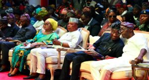 Governor of Lagos State, Mr. Babajide Sanwo-Olu; his Deputy, Dr. Obafemi Hamzat; member, the State House of Assembly, Hon. Olukayode Ogundipe; Secretary to the State Government, Barr. Abimbola Salu-Hundeyin; Head of Service, Mr. Olabode Agoro and Chief of Staff to the Governor, Mr. Tayo Ayinde during the Lagos West Senatorial District People’s Town Hall meeting at Balmoral Convention Centre, Sheraton Hotel, Ikeja, on Thursday, 25 January 2024.