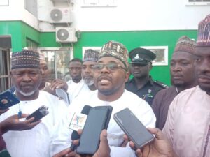 Alhaji Danyaro and Bar. Rimin Gado briefing journalists after their meeting at the Commission's headquaters on Monday
