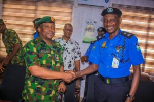 Brigadier-General MA Sadiq and CP Gumel during the courtesy call at the Bompai Police headquaters, Kano on Thursday