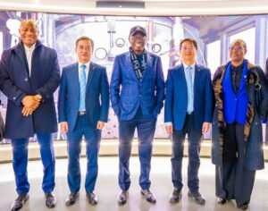 from left: Director, Rail Transport, Lagos Metropolitan Area Transport Authority (LAMATA), Mr. Olasunkanmi Okusaga; Chairman, China Civil Engineering Construction Corporation (CCECC) Nigeria Ltd., Mr. Jason Zhang; Governor of Lagos State, Mr. Babajide Sanwo-Olu; Vice President of CCECC, Mr. Michael Jiang and Managing Director, LAMATA, Mrs. Abimbola Akinajo during the governor’s meeting with the corporation’s management at its headquarters in Beijing, China, on Thursday, 1 February 2024.