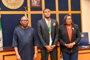 Gov. Fubara, Stanley Nwabali and Prof. Ngozi Odu during reception of the Super Eagles goalkeeper in Government House on Friday