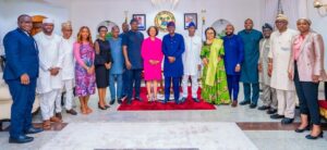 Governor of Lagos State, Mr. Babajide Sanwo-Olu, flanked by President/CEO, Corporate Council on Africa, Ms. Florie Liser (left); Deputy Governor, Dr. Obafemi Hamzat (right), followed by Secretary to the State Government, Barr. Abimbola Salu-Hundeyina and others during a courtesy visit to the governor by the Corporate Council on Africa delegation, at the Lagos House, Marina, on Saturday, 24 February 2024.