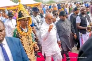 Dax George Kelly, a Pro-Wike Commissioner for Works, Rivers State,newly coronated Chief Diagbani, Head of Diagbani group of Houses in Buguma, Asari-Toru local government area of Rivers State and Nyesom Wike, Minister of Federal Capital Territory.