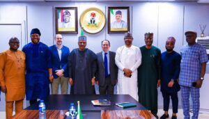Minister Idris, centre, with a delegation from GB Foods, led by the Spanish Ambassador to Nigeria, Juan Ignacio Sell, and the CEO of GB Foods Africa, Mr. Vicenc Bosch.