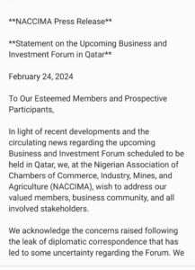 NACCIMA's statement