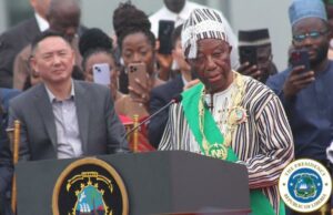 President Boakai, delivering his speech at the inauguration in January 2024