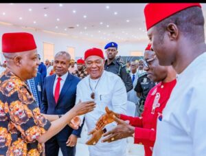 L-R: VP Kashim Shettima, Governors Alex Otti, Hope Uzodima, Charles Soludo and others at the eventma,
