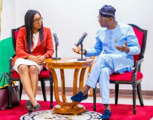 United Kingdom Secretary of State for Business & Trade, Rt. Hon. Kemi Badenoch, MP and Governor of Lagos State, Mr. Babajide Sanwo-Olu during a courtesy call by the UK Trade Secretary, at the Lagos House, Marina, on Wednesday, 14 February 2024.
