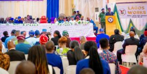 Governor of Lagos State, Mr. Bababjide Sanwo-Olu addressing Heads of Parastatals/Government-Owned companies, relevant supervising EXCO members and body of Permanent Secretaries during a One-Day Parley with Heads of Parastatals/Government-Owned companies across the State, at the Adeyemi Bero Auditorium, the Secretariat, Alausa-Ikeja, on Tuesday, 13 February 2024.