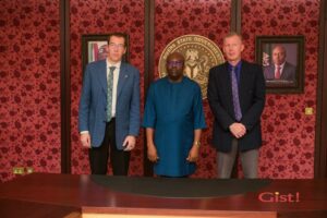 Governor Siminalayi Fubara flanked by German Consular General to Nigeria on the left Mr Jochen Schindelarz and team leader of the German Industry and Commerce Mr Sebastian Glaeser in Government House on Friday