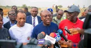 Governor Siminalayi Fubara and others during the inspection of the 20,000 Units of Renewed Hope Housing project in Mbodo Aluu, Ikwerre local government area