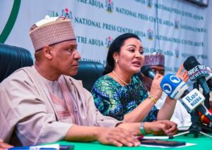Minister of Information and National Orientation, Mohammed Idris with the Minister for Investment, Trade and Industry, Dr. Doris Uzoma-Anite during a Ministerial Press Briefing held at the National Press Center on Friday 16th February 2024.