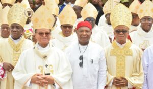 HE Senator Hope Uzodimma CON (2nd right) President Catholic Bishop Conference of Nigeria, Most Rev Dr Lucius Ugorji(2nd left) Bishop of Orlu Diocese, Most Rev Augustine Okwuoma(left) Newly Consecrated Auxiliary Bishop of Orlu, Very Rev Mgsr Thomas Obiatuegwu and other Bishops after the Consecration at the Holy Trinity Cathedral, Orlu