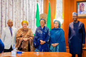 L-R: UN Deputy Secretary General is Amina Mohammed, the First Lady of the Federal Republic of Nigeria Senator Oluremi Tinubu,CON and the Resident Coordinator of the UN in Nigeria Mohammed Mustapha Malik Fall after a courtesy visit by the UN team to the First Lady’s office at the State House Abuja on Wednesday 20th March
