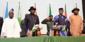 From left, former Presidents Obasanjo, Jonathan, Governors Abiodun and Diri