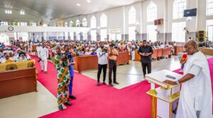 Governor Oyebanji during the first memorial thanksgiving service in honour of the late Deputy Governor Bisi Egbeyemi, at the Emmanuel Cathedral Church, Ado Ekiti