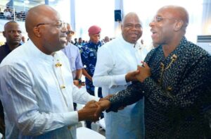 Governor Siminalayi Fubara,Governor of Rivers, Chibuike Rotimi Amaechi, former Governor of Rivers and immediate past Minister of Transportation exchanging pleasantries