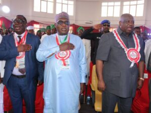 The Executive Governor, Plateau State, HE Caleb Mutfwang, representative of the HM, MSMD, Dr. Dele Alake and DG - MCO, Engr. Obadiah Simon Nkom with NMGS President, Prof. Olatunji at the opening ceremony of the Nigerian Mining and Geosciences Society Annual International Conference & Exhibition held at Anguldi Zawan, Jos Plateau State on Tuesday, 19th March, 2024