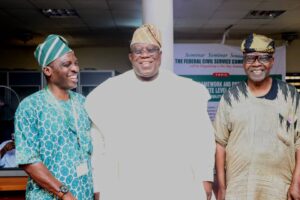 L-R: Director, Directorate of Examinations and Assessment, National Open University of Nigeria ,Professor Olugbenga Ojo; Chairman Federal Civil Service Commission, Prof.Tunji Olaopa and retired Permanent Secretary, Olu Illesanmi during the maiden edition of the Commission's seminar in Abuja. | Credit: The Commission.