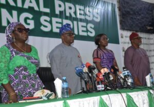 L-R: Comfort Ajiboye, Director of Information Technology, Federal Ministry of Information and National Orientation, Special Adviser to the President on Information and Strategy, Bayo Onanuga, Special Adviser to the President on Energy, Olu Verheijen and Executive Secretary of National Press Council, Dili Ezughah at the weekly Ministerial Press Briefing in Abuja on Friday
