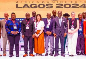 Governor of Lagos State, Mr. Babajide Sanwo-Olu (third right); CEO, Lagos State Lotteries and Gaming Authority, Bashir Are (fourth right); Chief Strategy Officer, GREO, Elizabeth Lusk (fourth left); Deputy Governor of Narok County, Kenya, Hon. Tamalinye Koech (third left); Chief Strategic Adviser, National Gaming Board, South Africa, Ms. Caroline Kongwa (second left); Managing Director, GSA Europe & President, International Gaming Standards Association, Mr. Mark Pace (left) and others, during the Lagos Lotteries and Gaming Authority Africa Gaming Expo (AGE LAGOS 2024), at the Eko Convention Centre, Eko Hotels and Suites, Victoria Island, on Wednesday, 13 March 2024.