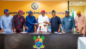Chairman, APC Osun State, Sooko Tajudeen Lawal; Chairman, APC Ondo State, Engr. Ade Adetimehin; National Secretary, Senator Bashir Ajibola; Governor of Lagos State, Mr. Babajide Sanwo-Olu; National Vice Chairman, South West, Hon. Isaac Kekemeke; National Youth Leader, Hon. Dayo Israel and Chairman APC Lagos State, Hon. Cornelius Ojelabi during the governor’s meeting with APC National Executives from South West states at the Lagos House, Marina, on Sunday, 14 April 2024.