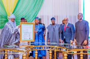 Vice President Kashim Shettima; Minister of Finance and Coordinating Minister of the Economy, Mr. Wale Edun, and Governor of the Central Bank of Nigeria, Mr. Yemi Cardoso signed the Aso Accord for Economic and Financial Inclusion with state governments
