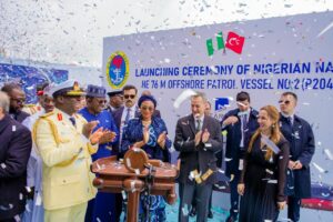 Chief of Naval Staff Vice Admiral Emmanuel Ogalla, Minister of State for Defence, Dr Bello Mohammed Matawalle, the First Lady, Senator Oluremi Tinubu, President of Dearsan Shipyard, Aziz Yildrim and his wife at the launch of 2 High Endurance Offshore Patrol Vessels in Turkey by the First Lady on Friday 19th April, 2024