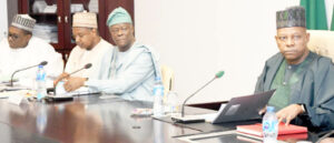 From left: Coordinating Minister of Health and Social Welfare, Prof. Muhammad Ali Pate; Minister of Budget and Economic Planning, Sen. Atiku Bagudu; Minister of Finance , Wale Edun and Vice President Kashim Shettima during a meeting on the National Council on Privatization (NCP) at the Presidential Villa in Abuja on Wednesday.