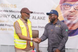 Minister of Solid Minerals Development, Dr. Dele Alake, (left) and MD/CEO, Segilola Resources Operating Limited, Mr Segun Lawson during the Honorable Minster of Solid Minerials Development, Dr. Dele Alake on site tour of Segilola Gold project in Osun State, on April 4, 2024