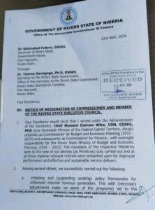 Letter of Resignation by Isaac .O Kamalu the former Commissioner of Finance.